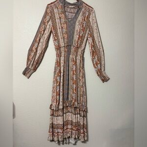 Faherty Floral Boho Prairie Midi Dress. Long Sleeve, Smocked Waist, Shoulder.